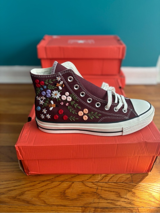 Converse Shoes - Converse Maroon High-Top Sneakers with Multicolor Floral Embroidery